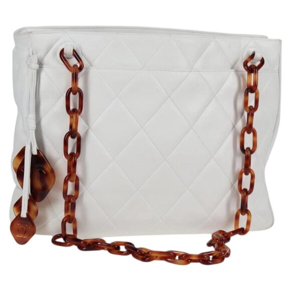 CHANEL Matelasse Chain Shoulder Bag Lamb Skin White CC - Picture 1 of 15